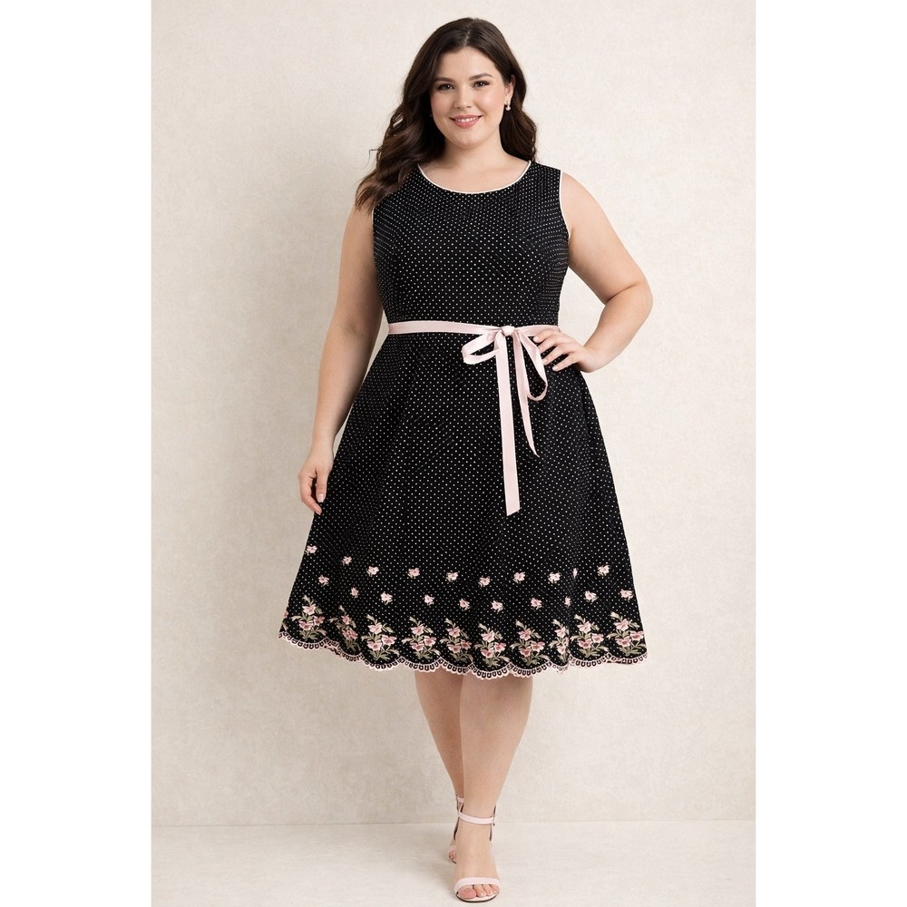 VTG Jessica Howard Polka Dot Embroidered Scalloped Hem Dress‎ Sz 24 Rockabilly
